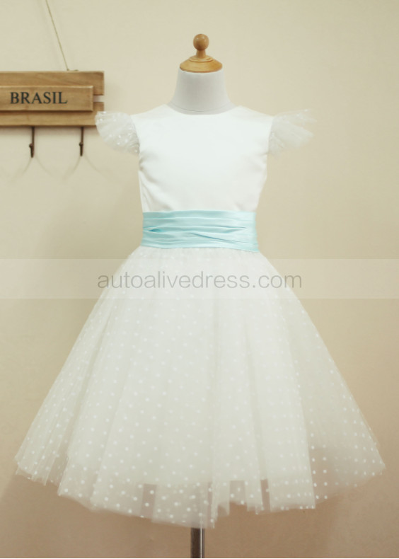 Ivory Satin Dots Tulle Knee Length Flower Girl Dress